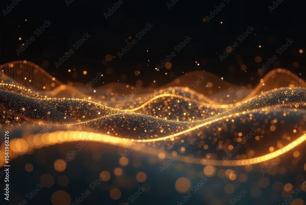 Poster glittering particle waves flow with radiant motion against a dark field. the warm golden light conve