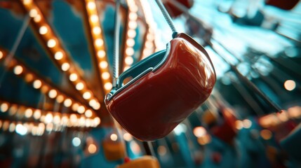 A vibrant close-up of a swing carousel, showcasing its playful design and glowing lights, evoking nostalgia and joy from childhood amusement park experiences.