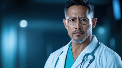 A focused doctor in scrubs and spectacles exudes confidence and professionalism, capturing the essence of healthcare and dedication to patient well-being in a clinical environment.