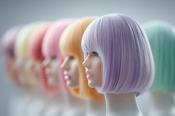 Row of Mannequin Heads with Colorful Bob Wigs: Profile View, Pastel Hair, Fashion Concept, Salon Display