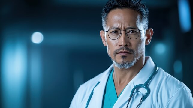 A focused doctor in scrubs and spectacles exudes confidence and professionalism, capturing the essence of healthcare and dedication to patient well-being in a clinical environment.
