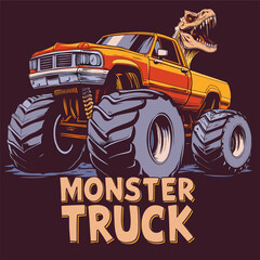 Monster truck with dino face t-shirt graphic design vector illustration 
