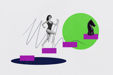Full 3d poster art collage of happy businessman businesswoman climb career ladder knight figurine...