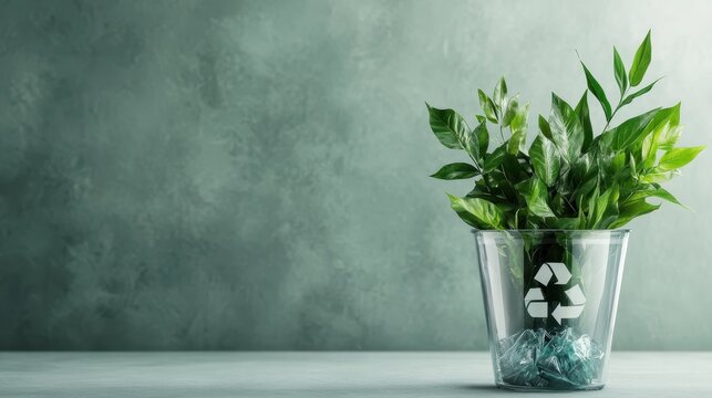 A vibrant green plant is displayed in a glass container with a recycling symbol, highlighting the importance of sustainability, nature, and environmental responsibility. - Powered by Adobe