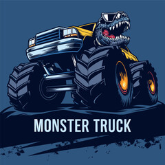Monster truck with dino face t-shirt graphic design vector illustration 
