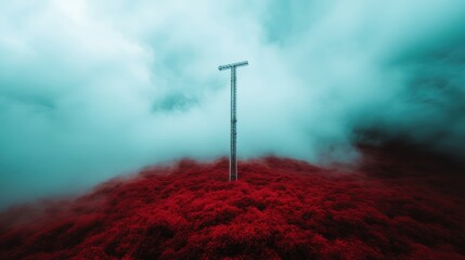 A stark metallic tower rises from a vibrant red terrain under dramatic clouds, symbolizing isolation and the beauty of contrasting elements in nature.