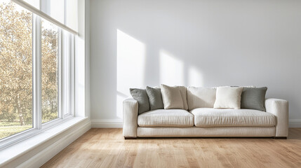 Fototapeta premium Modern living room with beige sofa, soft cushions, large window, natural light, wooden floor, and minimalist decor