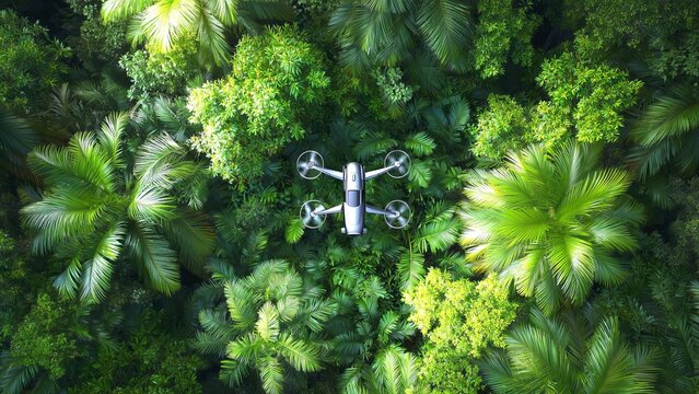 Aerial drone capturing verdant rainforest landscape, showcasing environmental research through high resolution imagery of dense tropical vegetation and forest canopy