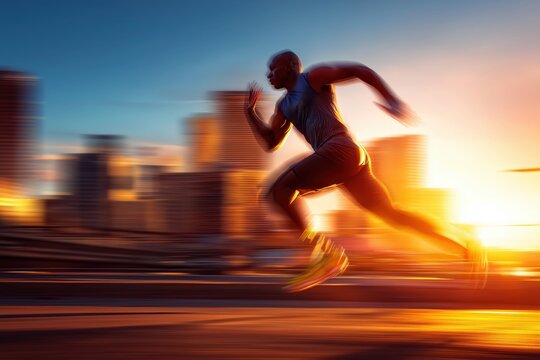 A male athlete sprints at high speed through an urban area during sunset, motion blur highlighting his dynamic movement and intense focus.