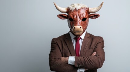 A businessman wears a bull mask, crossing his arms, exuding confidence and a unique fusion of professionalism and artistic expression in this striking portrait.