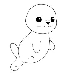 A cartoon seal with large eyes and a happy expression drawn in black and white
