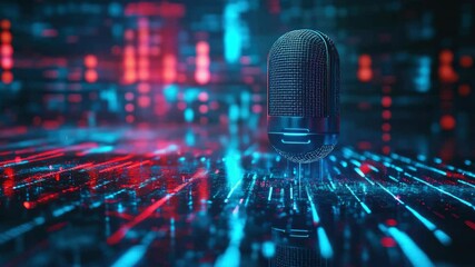 Modern microphone in the center of futuristic cyberspace with abstract digital graphics and neon lighting effects. High-tech audio production in a virtual reality studio.