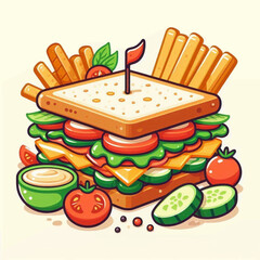 A cartoon sandwich with fries tomatoes cucumbers and dipping sauce on a light beige background