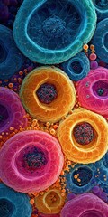 Microscopic view of colorful, detailed cells showing intricate internal structures and spherical particles, illustrating biological complexity.