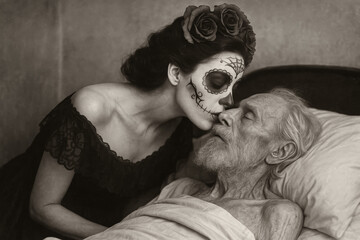 Intimate vintage black and white: Woman with Dia de Muertos (Day of the Dead) sugar skull makeup tenderly kissing frail elderly man in bed.