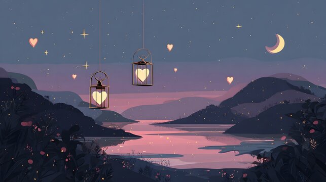 Romantic flat illustration of glowing heart-shaped lanterns over a calm lake under a starry night sky, expressing peaceful good night love without people.
