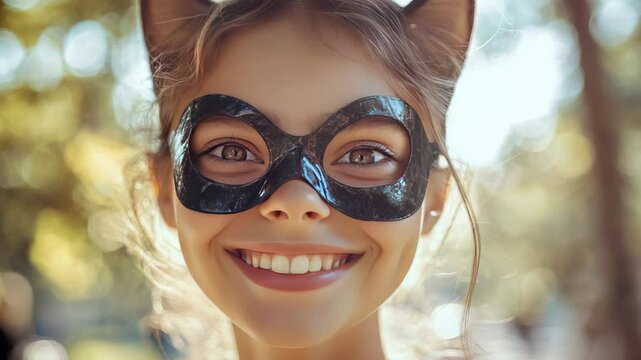 Smiling teen girl wearing black cat-inspired mask outdoors, expressing joy, freedom, and youthful self-expression through quadrobics identity and playful aesthetic
