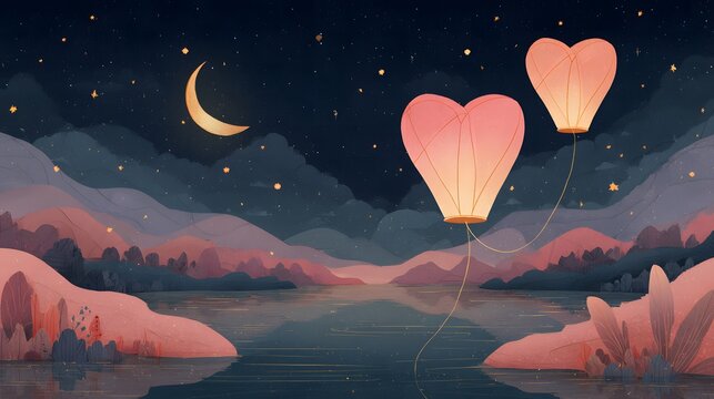 Romantic flat illustration of glowing heart-shaped lanterns over a calm lake under a starry night sky, expressing peaceful good night love without people.
