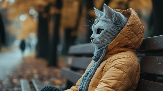 A girl wearing a cat mask sits on a bench in a park surrounded by vibrant autumn foliage, wrapped in a cozy jacket, seemingly lost in thought during a tranquil afternoon.