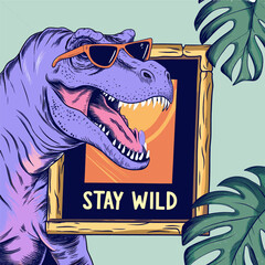 Stay wild with the dinosaurs frame and leaf t-shirt graphic design vector illustration. 
