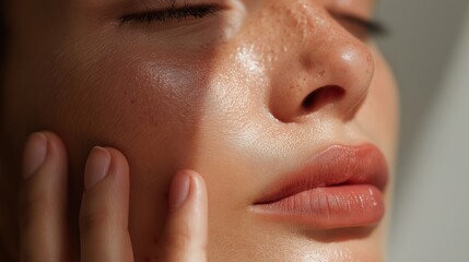Close-up of a woman's face with flawless, glowing skin, freckles, and natural lips, gently touched by her fingers in soft lighting.