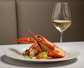 A beautifully plated whole lobster dish with gourmet accompaniments and a glass of white wine, set on a white tablecloth in a restaurant setting.