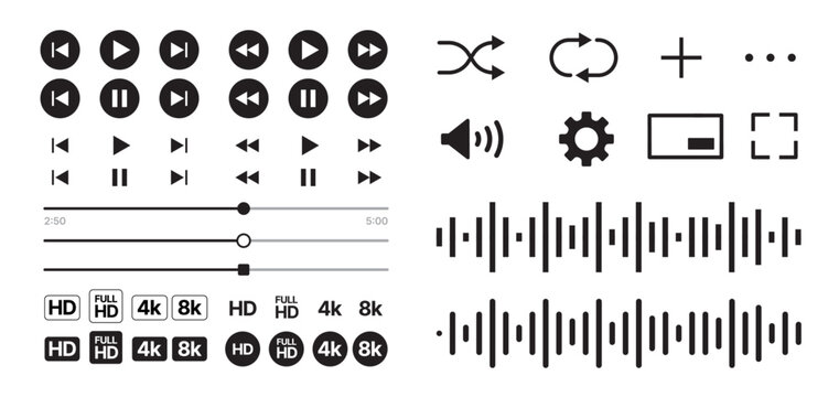 set of Black and white media control icons vector with transparent PNG background, multimedia interface buttons including play pause rewind skip forward settings volume sliders shuffle loop	