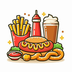 A cartoon still life of fast food fries hotdog ketchup beer with cream and pretzel on a white background