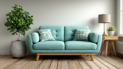 Fototapeta premium Modern Minimalist Living Room Interior with Light Blue Sofa, White Wall Mock-up, Wooden Floor, Green Plant, and Table Lamp - Ideal for Simple Home Decor Product Presentation