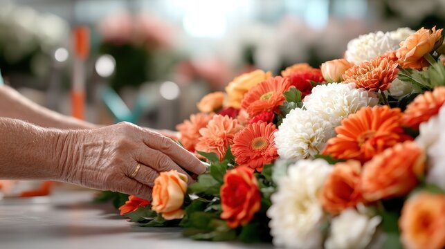 An experienced florist carefully arranges a vibrant bouquet of flowers, showcasing skill and artistry in creating beautiful floral designs for special occasions.