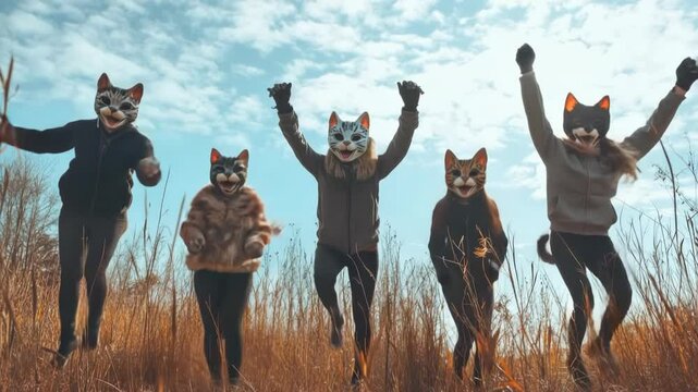 Joyful teenage girls in cat masks and colorful costumes jumping high in the air against blue sky, celebrating friendship, energy and the expressive art of quadrobics movement