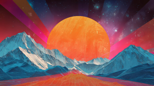 Retro background futuristic landscape 1980s style. Digital retro landscape cyber surface. Retro music album cover template : sun, space, mountains . 80s Retro Sci-Fi Background Summer Landscape.