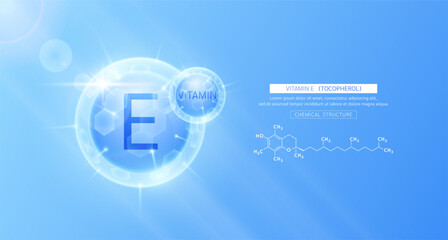 Vitamin E blue or Tocopherol and chemical structure. Vitamins complex serum. For design skin care products beauty treatment. Medical scientific concepts. Vector EPS10.