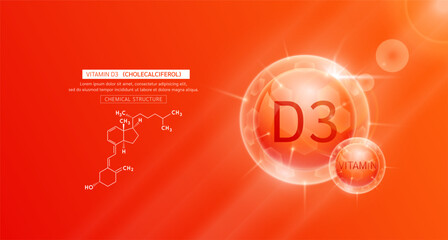 Vitamin D3 red and chemical structure. Vitamins complex serum. For design skin care products beauty treatment. Medical scientific concepts. Vector EPS10.