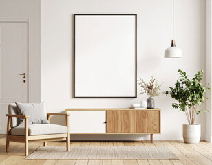 modern living room with blank wall frame and stylish decor