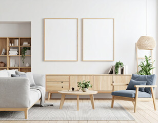 Modern living room with minimalist decor and empty frames
