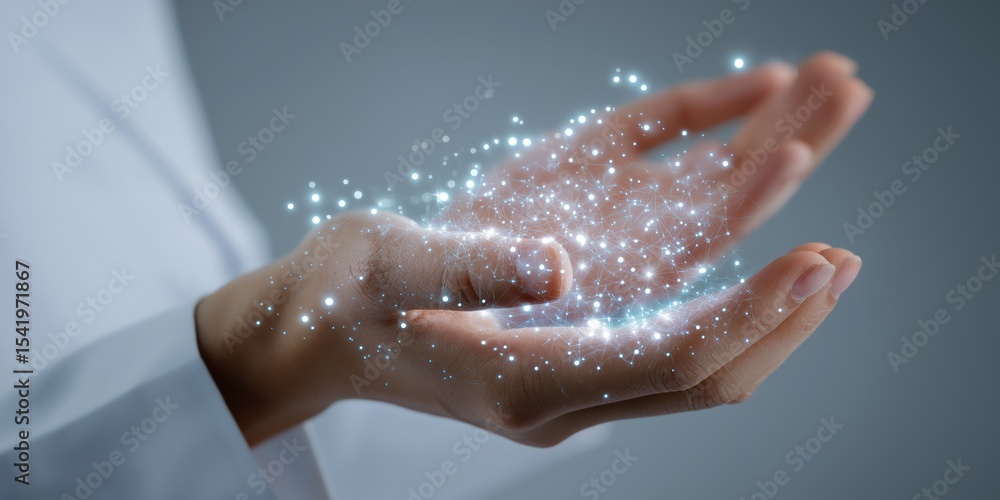 Poster two open hands gently hold a glowing, sparkling digital network of interconnected points and lines, 