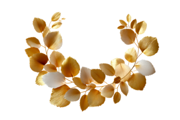 Gold and white leaf garland design on transparent background