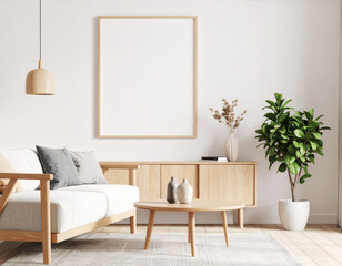 Modern living room with minimalist design featuring sofa, coffee table, and plant