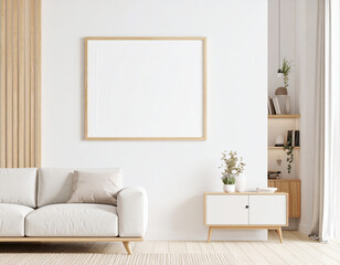 modern living room with blank frame on wall, inviting creativity