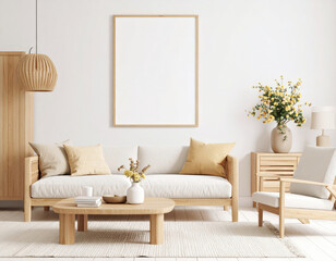 cozy living room with wooden sofa, neutral cushions, and blank wall