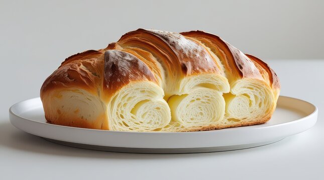 Golden baked artisan bread loaf beautifully presented on a white ceramic plate offering a delightful visual for culinary food photography - Powered by Adobe