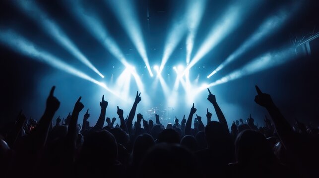Energetic crowd at a concert with raised hands and dazzling stage lights, portraying excitement and the electrifying atmosphere of live music performances and audience engagement.