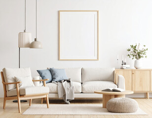 cozy living room featuring light sofa, wooden furniture, and decor