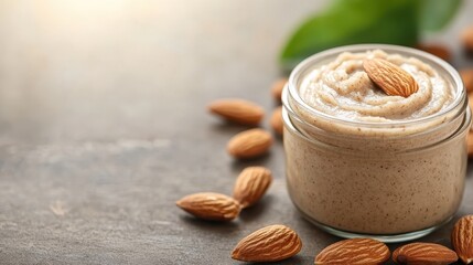 A mouth-watering almond butter displayed in a glass jar, surrounded by scattered almonds, accentuating both the texture and natural appeal of this tasty spread.