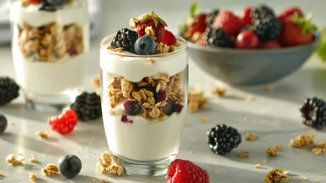 Three glasses of yogurt parfait with berries and granola on a light wooden table.