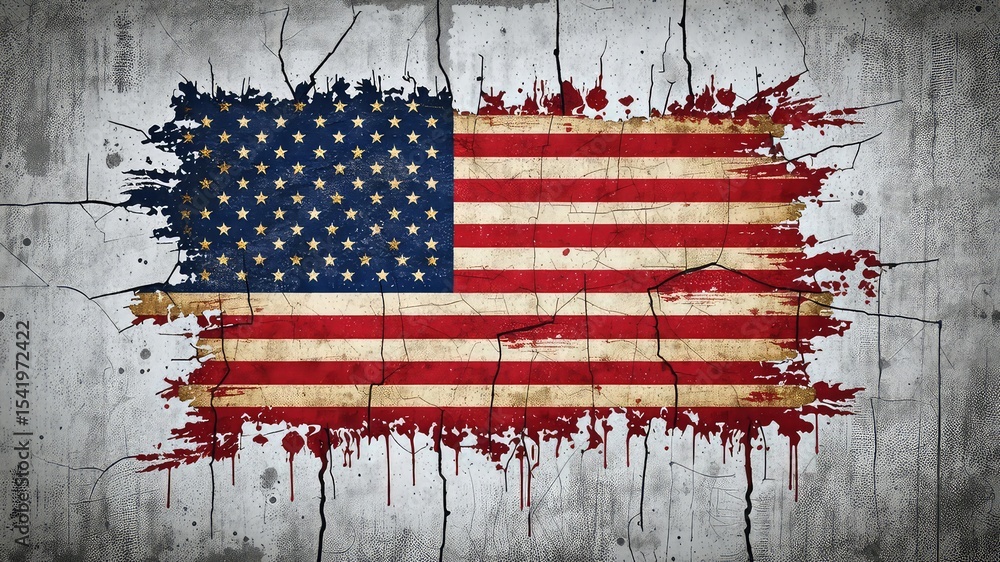 Poster distressed patriotic emblem with a fractured, aged effect against a textured background evoking conc