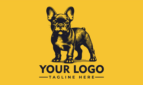 A stylized illustration of a French Bulldog standing on a yellow background with placeholder text for a logo and tagline. - Powered by Adobe