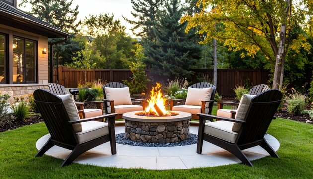 Inviting fire pit surrounded by elegant outdoor seating in a beautiful backyard for cozy evenings and gatherings