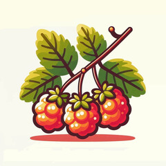 A cartoonish depiction of three vibrant red raspberries dangling from a brown stem with bright green leaves